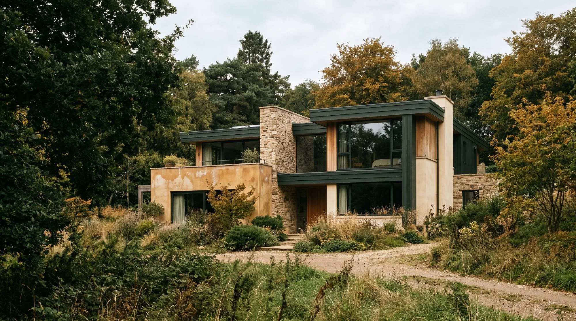 Maison contemporaine en pierre et bois dans la végétation